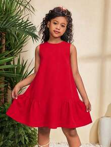 SHEIN 少女波西米亚风夏季海滩度假无袖A字褶皱连衣裙，红色 - 紅色 - 查看 1