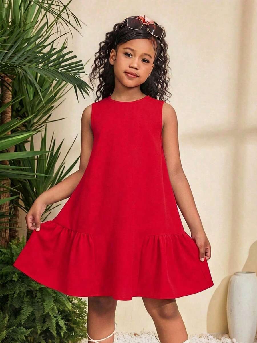 SHEIN 少女波西米亚风夏季海滩度假无袖A字褶皱连衣裙，红色 - 紅色 - 查看 1