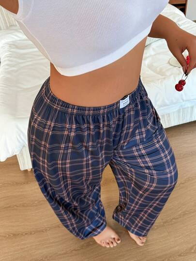 Dream Adore Plus Size Casual Plaid Print Drawstring Waist Lounge Pants, Can Be Worn Outerwear