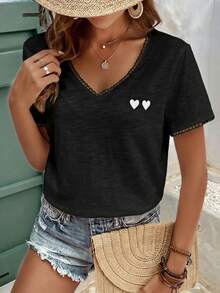 SHEIN Frenchy Heart Embroidery Contrast Lace Trim V Neck Tee,Summer Top - Black - View 6