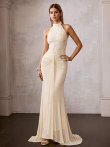 MOTF Soiréza 串珠刺绣露背鱼尾裙摆正式礼服，春夏款 - 杏色 - 查看 5