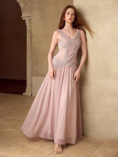 MOTF PREMIUM WOMEN'S ROMANTIC PLEATED CONTRAST LACE A-LINE LONG DRESS, SPRING/SUMMER