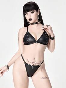 ROMWE Goth 暗黑朋克风PU交叉配饰三角杯文胸和丁字裤性感内衣套装 - 黑色 - 查看 6
