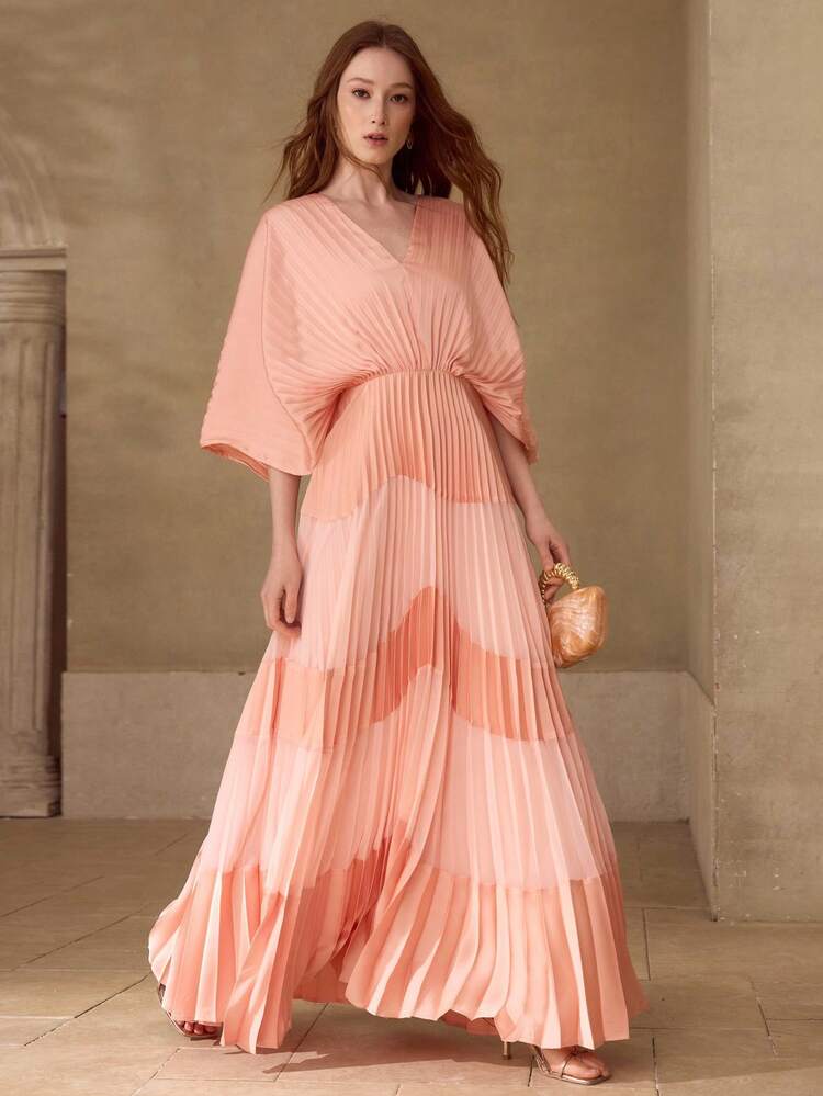 WOMEN'S ROMANTIC ELEGANT BATWING SLEEVE PLEATED DRESS, SPRING/SUMMER