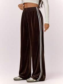 SHEIN Tall 阔腿侧条纹丝绒厚腰带低腰慢跑裤，秋冬春夏复古可爱乡村田园风返校休闲家居裤，女款奶油糖色，秋冬春夏，夏夏圣诞节 - 棕色 - 查看 13