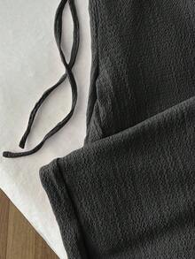 Elamini 2026新款女士复古纹理休闲低腰宽松直筒裤，显瘦百搭深灰色垂坠长裤 - 深灰色 - 查看 5