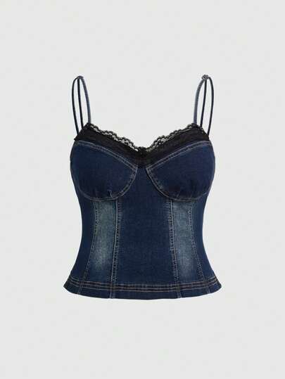 ROMWE Grunge Punk Camiseta de tirantes de talla grande con parches de encaje y denim lavado vintage