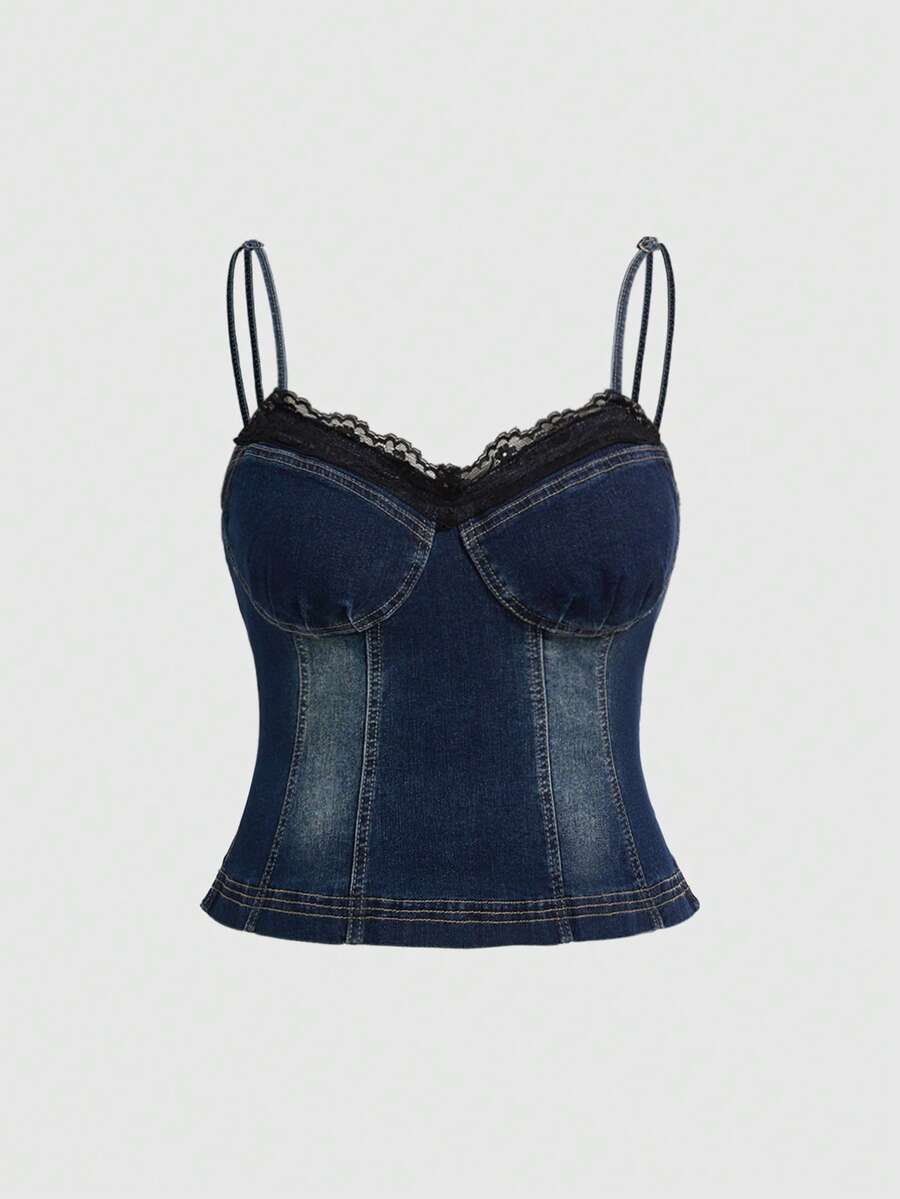 ROMWE Grunge Punk Áo hai dây denim phối ren kiểu vintage cỡ lớn - Màu xanh lam - Xem 1