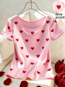 Resyla Stylish And Casual Round Neck Short-Sleeved Heart-Patterned T-Shirt, Pink Valentine's Day T-Shirt, Red Heart-Patterned T-Shirt, Women's Spring And Summer T-Shirt, Pink Top, Elegant Women's Top, Valentine's Day - Pink - View 1