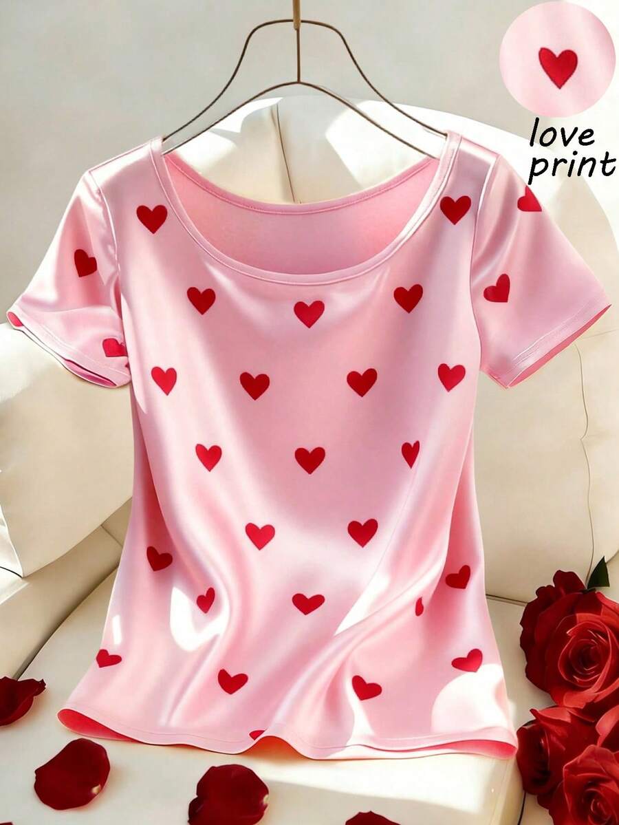 Resyla Stylish And Casual Round Neck Short-Sleeved Heart-Patterned T-Shirt, Pink Valentine's Day T-Shirt, Red Heart-Patterned T-Shirt, Women's Spring And Summer T-Shirt, Pink Top, Elegant Women's Top, Valentine's Day - Pink - View 1