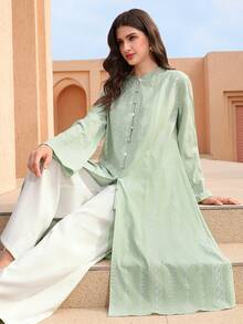 Graceveil 清新绿色花卉印花长袖宽松优雅女式衬衫 - 綠色 - 查看 9