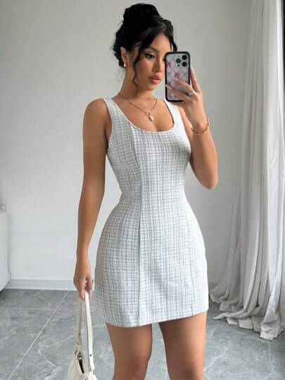 SHEIN PETITE Sleeveless Square Neck Waist Cinched Elegant Romantic Fitted Mini Dress For Women