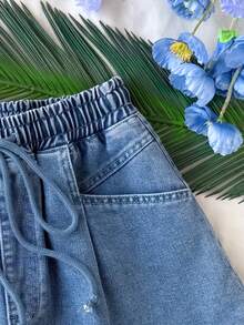 Soleia 女士抽绳腰带口袋休闲百搭日常牛仔短裤 - 中等水洗藍 - 查看 3