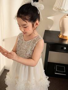 DAZY Girls Toddler Sequin Mesh Round Neck Sleeveless Apricot Party Dress - Apricot - View 1