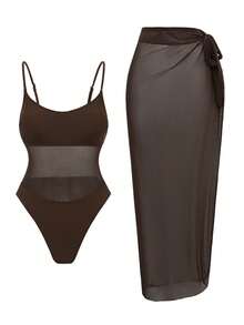 Swim Oasis Coffee One-Piece Swimsuit With Tie-Up Mesh Maxi Skirt, Mesh Patchwork Spaghetti Strap 2 Piece Bathing Suit,Summer Cute Beach Holiday - Multicolor - View 2