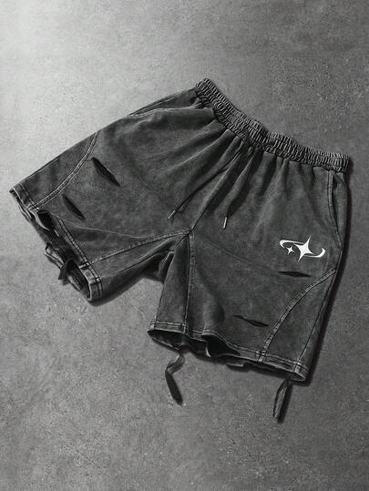 ROMWE MEN 男士休闲做旧雪花印花短裤