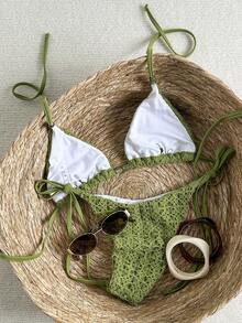 Swim Vcay 2pcs Textured Fabric Beaded Decor Triangle Bra & Tie Side Bikini Swimsuit Set, Sexy Women Summer Holiday Beach Accessories Beach Set For Women Knit Sets Green Vacation Outfit Olive Green Bikini - Olive Green - View 2