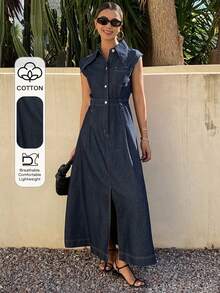 Livesso 女士无袖翻领收腰纯色牛仔连衣裙 - 藍色 - 查看 1