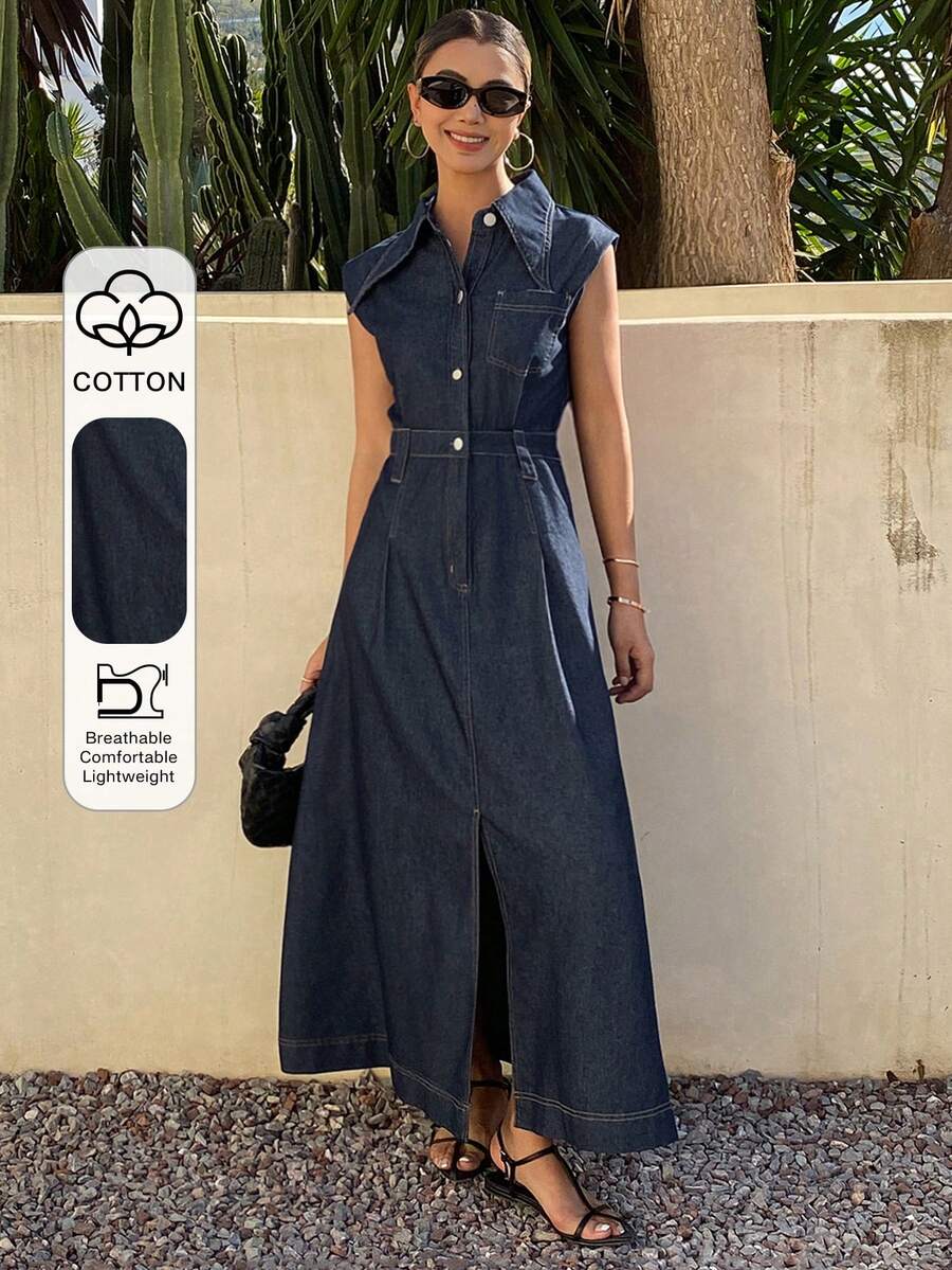 Livesso 女士无袖翻领收腰纯色牛仔连衣裙 - 藍色 - 查看 1