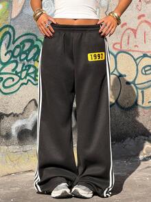 SHEIN Muchic Women's Sportswear Black Knit Sweatpants With White Striped Webbing, Casual Wide-Leg Sweatpants With Printed Lettering. - Black - View 4