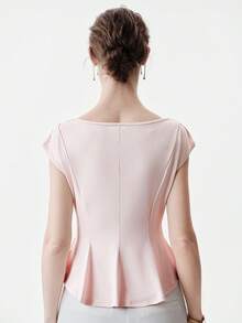 Aalyst Women's Elegant Blush Pink Summer Office T-Shirt,Stretchy Cotton Knit Boat Neck Cinched Waist Flared Hem Top For Wedding,Workplace, Vacation - Baby Pink - View 2