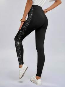 Miaspire Women Sparkle Printed Casual Leggings - Black - View 2