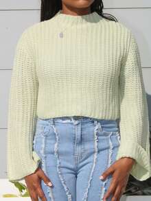 Steph T Suéter de cuello redondo con mangas de campana en color verde claro, versátil - verde menta - Ver 3