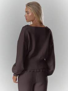 MUSERA 柔软罗纹钩编针织交叉细节收腰长袖上衣，秋季舒适可爱休闲咖啡俱乐部冬季优雅晚宴派对新年必备 - 巧克力棕 - 查看 2