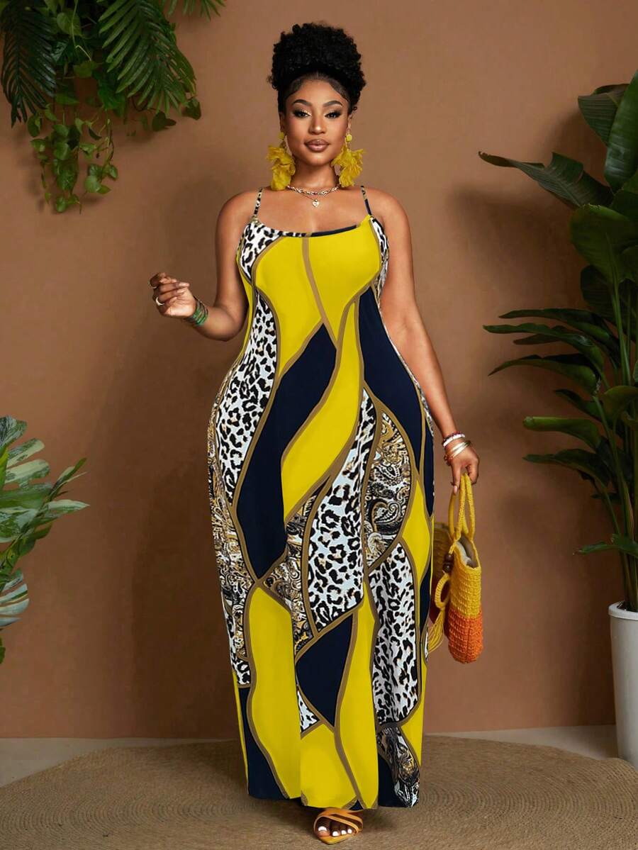 Maweii Plus Size Women Summer Bohemian Vacation Style Patchwork Leopard Paisley Contrast Print Sleeveless Dress - Yellow - View 1