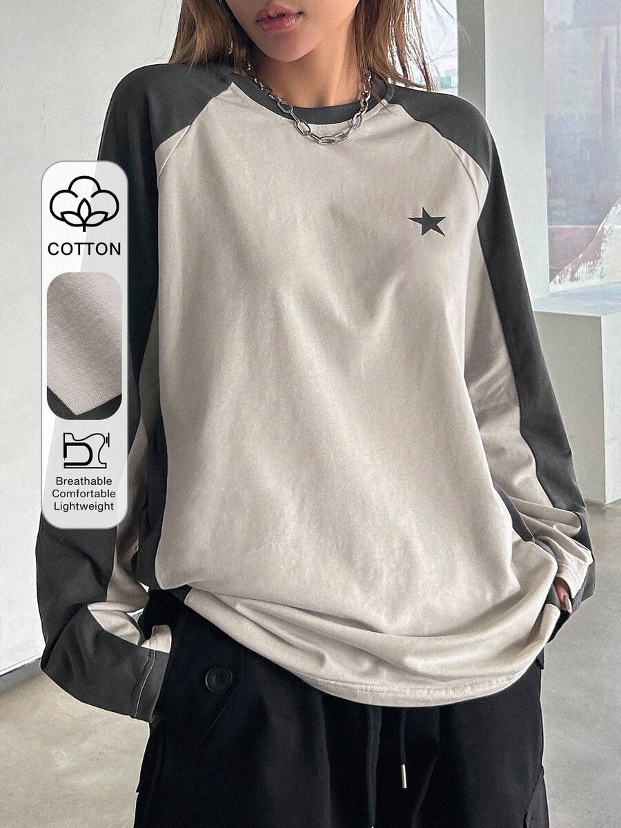 DAZY Color Block T-Shirt With Star Print And Raglan Sleeve Y2k,Fall Clothes Long Sleeve Women Tops - Multicolor - View 1