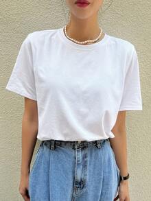 DAZY Solid Round Neck Tee - White - View 10