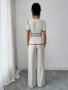 SHEIN Elenzya Women's Knotted Waist Short Sleeve Shirt Top And Wide Leg Pants Casual Commuter 2 Pieces Set - Apricot - View 2