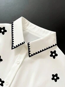 Resyla Áo sơ mi nữ dài tay in hoa, cổ bẻ, cài một hàng khuy, kiểu dáng thường ngày, đa năng, phù hợp đi làm. - trắng - Xem 5