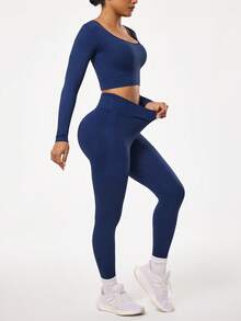 SHEIN Sports 秋冬季长袖户外跑步健身瑜伽套装，运动塑形健身服 - 藏蓝色 - 查看 6