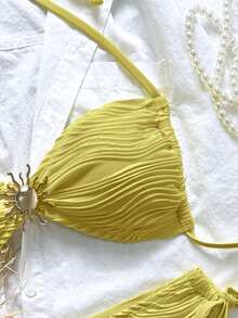 Swim Mod Swim Chiccia Textured Fabric Metal Buckle Halter Tie Side Bikini Set, Summer Beach Vacation - Mustard Yellow - View 3