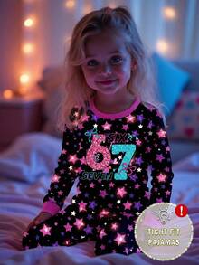 2pcs/Set Baby GirlFashionable "67" Star Print Round Neck Long Sleeve Top & Star Print (Glow Under Purple Light) Stretchy Knit Leggings 2 Pieces Pajama Set - Multicolor - View 1