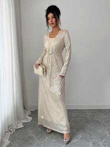 Elenzga Đầm dài tay cổ chữ V đính sequin sang trọng, thanh lịch dành cho nữ, màu vàng sâm panh, thích hợp cho các bữa tối trang trọng và tiệc tùng. - Rượu sâm banh - Xem 3