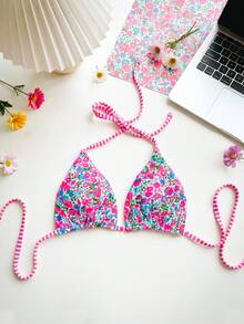 Swim Mod Women's Ditsy Floral Spaghetti Strap Backless Bikini Top - Multicolor - View 3