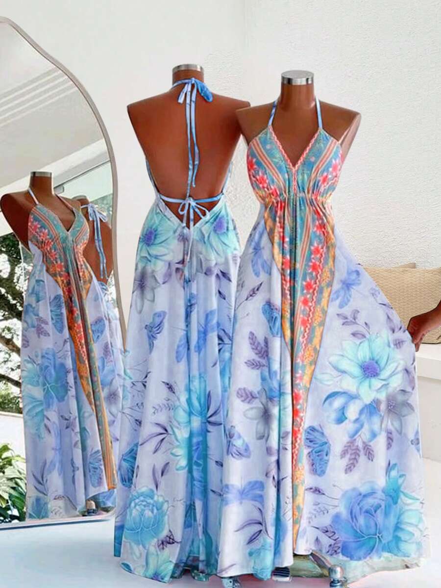 INAWLY Váy hở lưng họa tiết hoa dành cho nữ, thích hợp cho kỳ nghỉ hè - Màu xanh lam - Xem 1