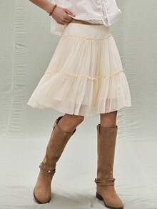 SoleilVie 女士百褶舒适优雅飘逸半身裙 - 杏色 - 查看 4