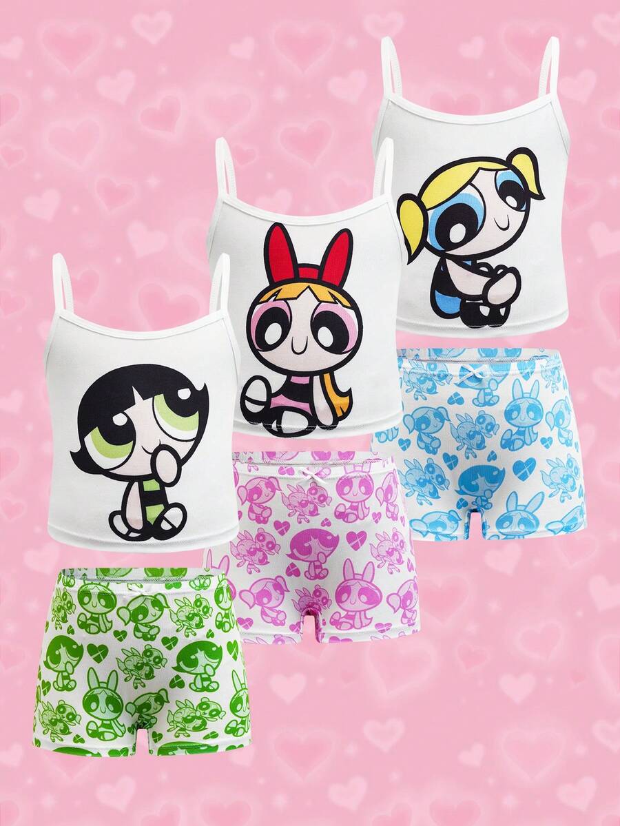 THE POWERPUFF GIRLS X SHEIN 少女花朵、泡泡、毛茛图案吊带背心和短裤内衣套装 - 白色 - 查看 1