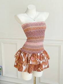 Elamini Đầm ngắn cúp ngực in hoa, xếp ly, kiểu dáng nghỉ mát dành cho nữ. - Nhiều màu - Xem 3