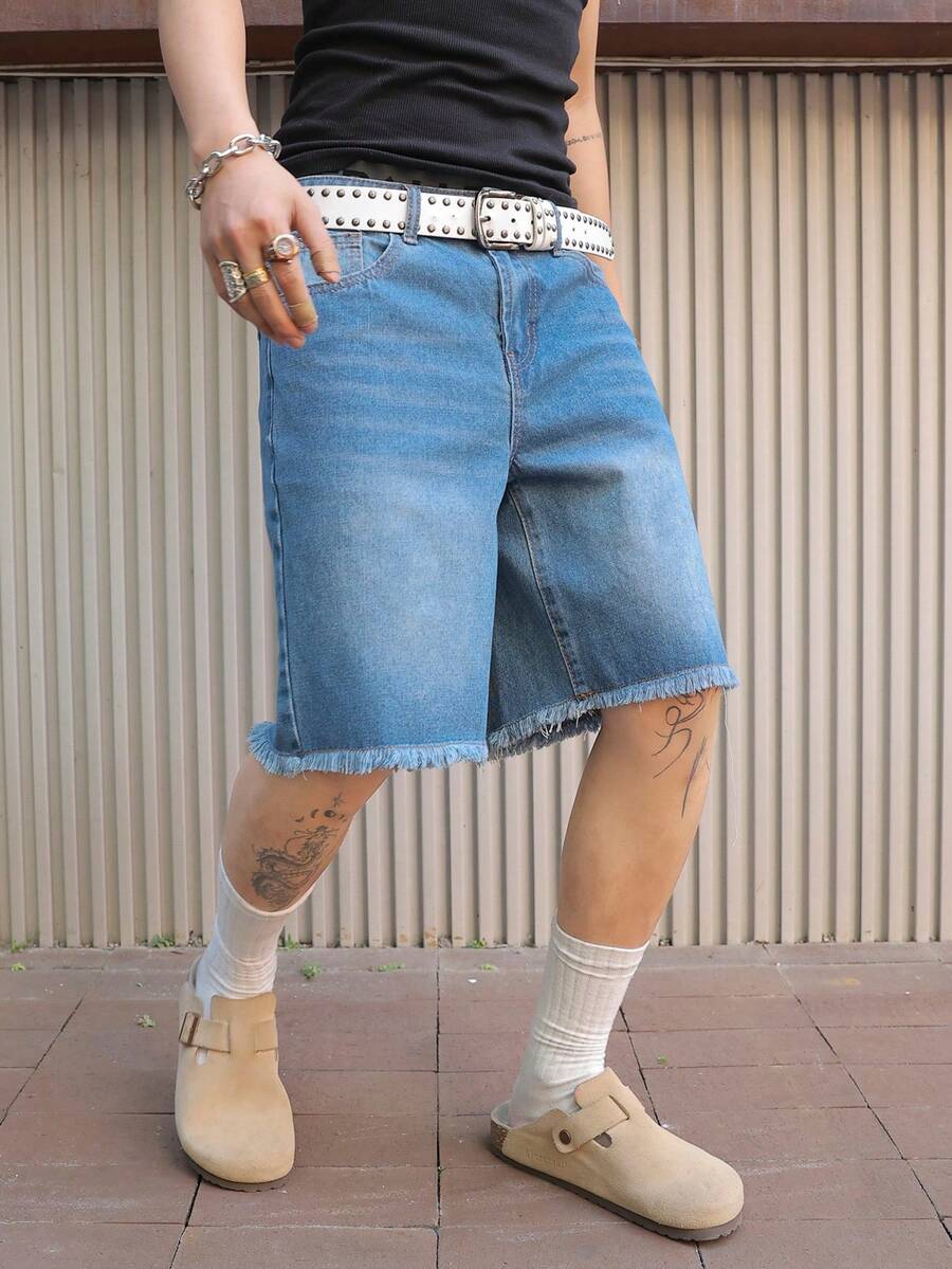 PAVTROS Men's Casual Washed Denim Shorts With Frayed Hem, Summer - Blue - View 1