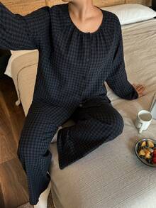 Dazy Plus 大码女式格子休闲宽松圆领开衫长袖上衣和直筒裤睡衣套装，春秋季 - 藏蓝色 - 查看 9