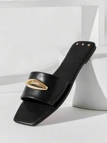 Solezae Women's Minimalist Elegant Metal Ornament Slip-On Flat Sandals - Black - View 4