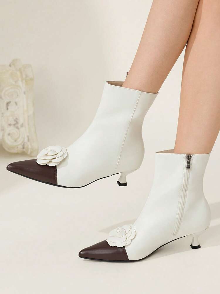 CUCCOO CHICEST Women's Contrast Color Pointed Toe Floral Decor Elegant Stiletto Ankle Boots Valentine's Day Elegant Shoes