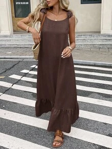 Serisse Vestido casual de vacaciones con volantes en el bajo y espalda descubierta de unicolor para mujer - Café integral - Ver 4