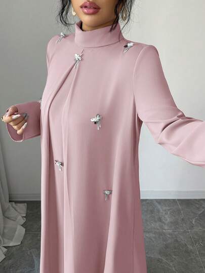 Yasmyna Women's Solid Color Stand Collar Sequin Decor Long Sleeve Elegant Arabic Style Dress