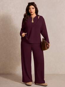 Elaquor Set Atasan Tanpa Lengan dan Celana Panjang Elegan Ukuran Plus untuk Komuter dengan Dekorasi Metal - Burgundy - View 1