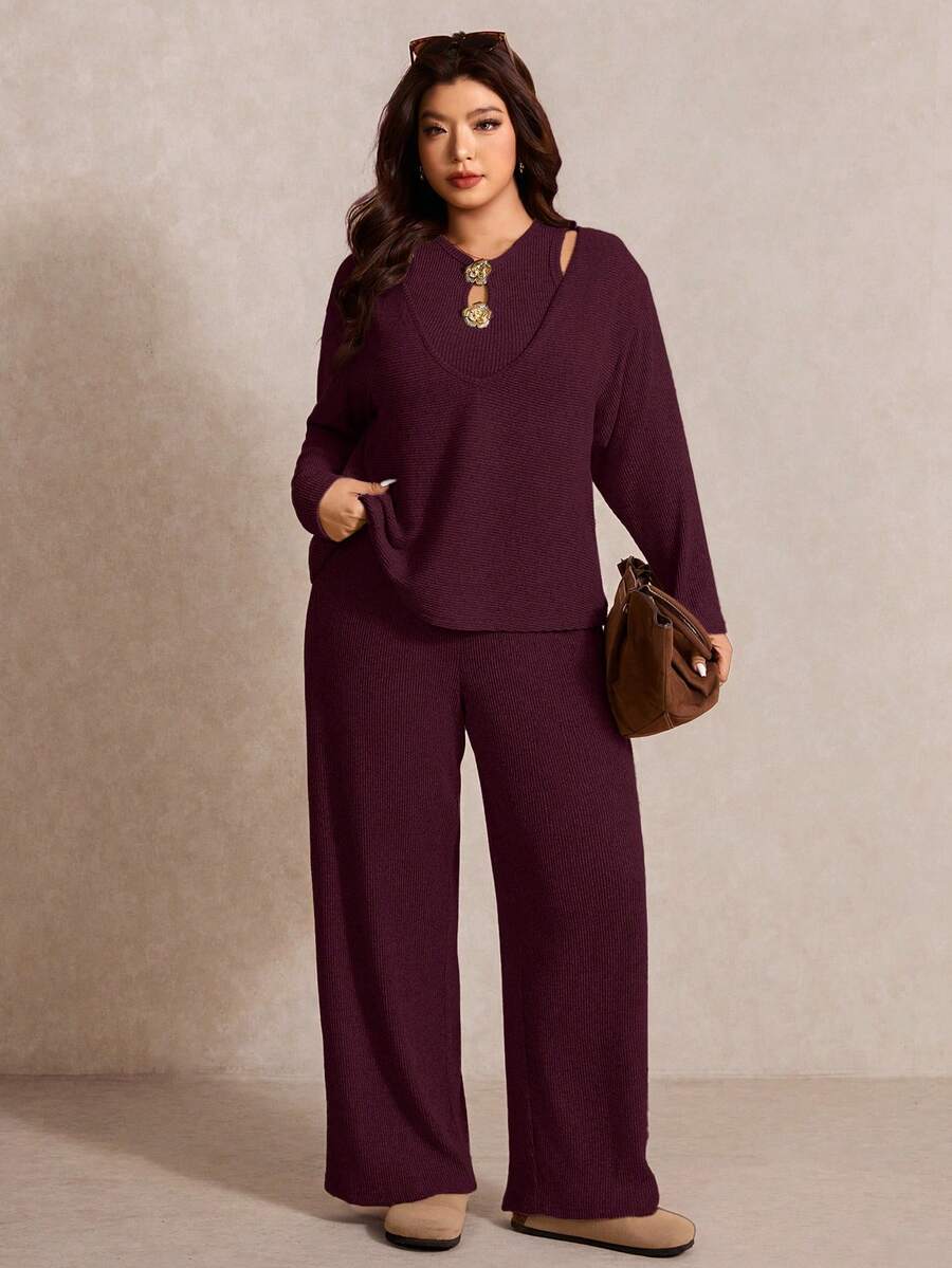 Elaquor Set Atasan Tanpa Lengan dan Celana Panjang Elegan Ukuran Plus untuk Komuter dengan Dekorasi Metal - Burgundy - View 1